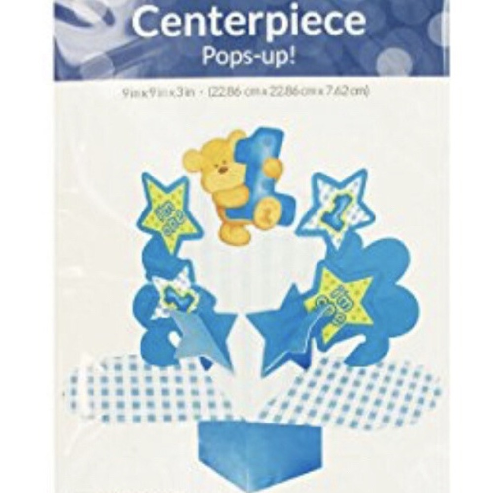 1st Birthday 9" Table Centerpiece Boy First teddy bear blue Pop-up pops-up!